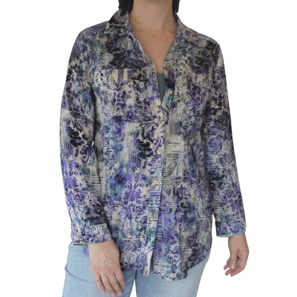 Chicos Divine Damask Athens Shirt Style Size 1 Women's Medium Roll Tab Sleeves - Picture 1 of 10